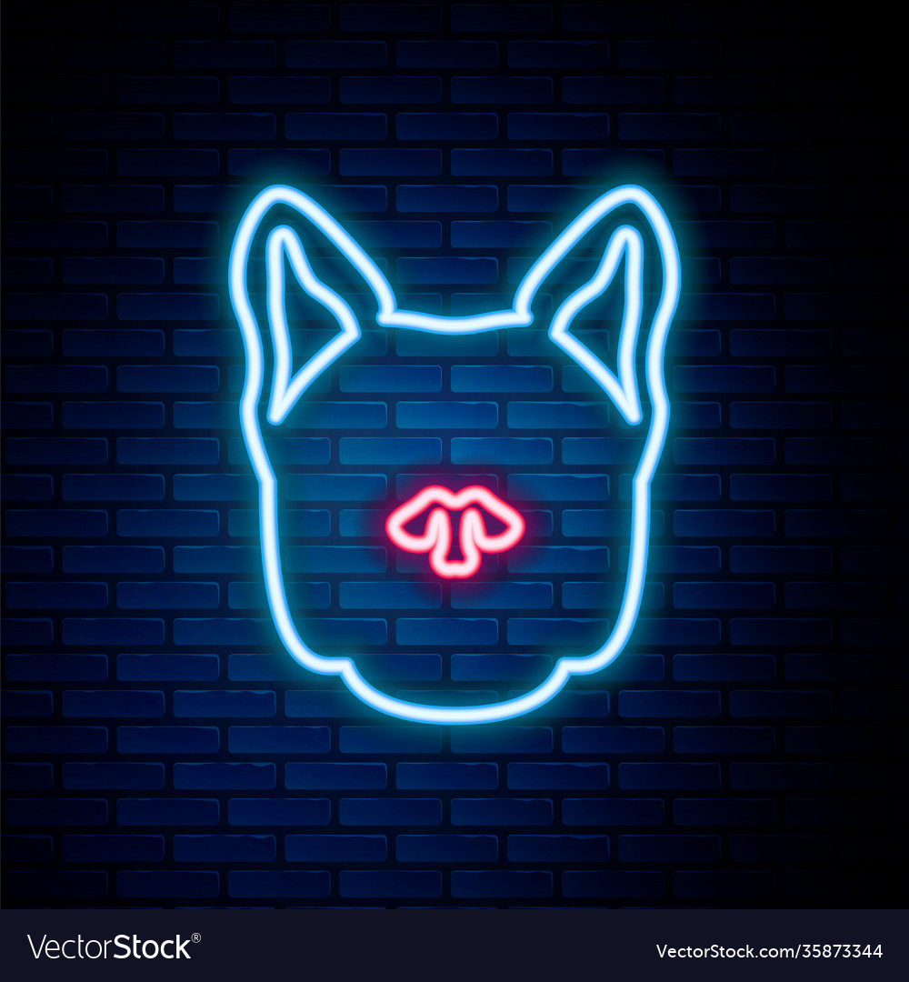 Glowing neon line dog icon isolated on brick wall Vector Image