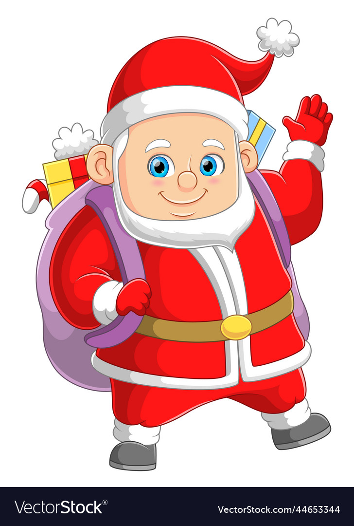 Happy big santa claus is bringing the gift bag Vector Image