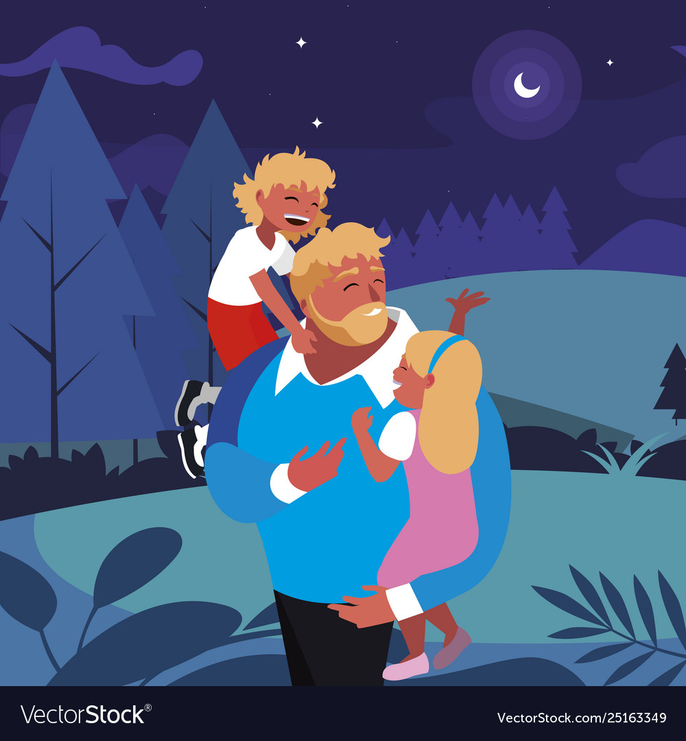 father-with-son-and-daughter-in-field-at-night-vector-image