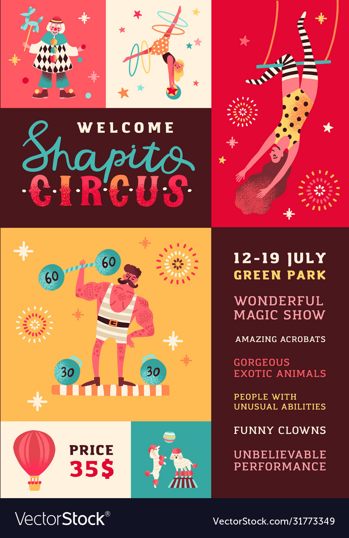 Shapito circus performance promo poster Royalty Free Vector