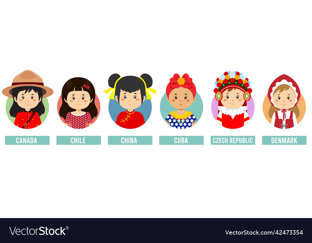 Set girl avatars with different countries Vector Image