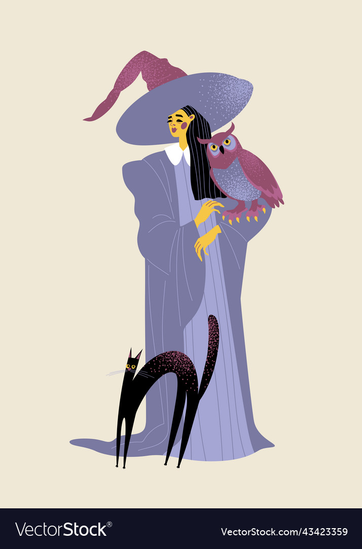 Witch with a black cat and an owl