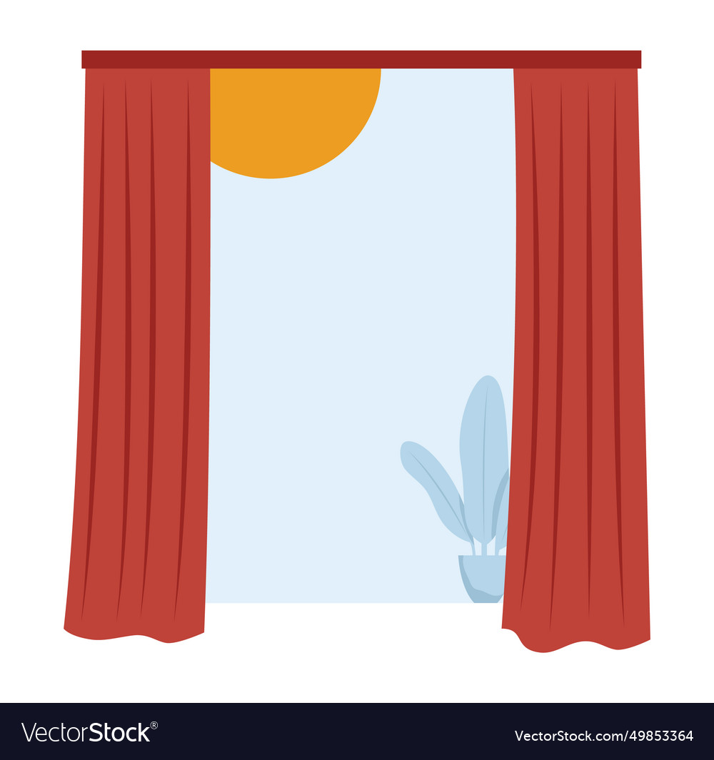 Red curtains open to sunny day clear sky window Vector Image