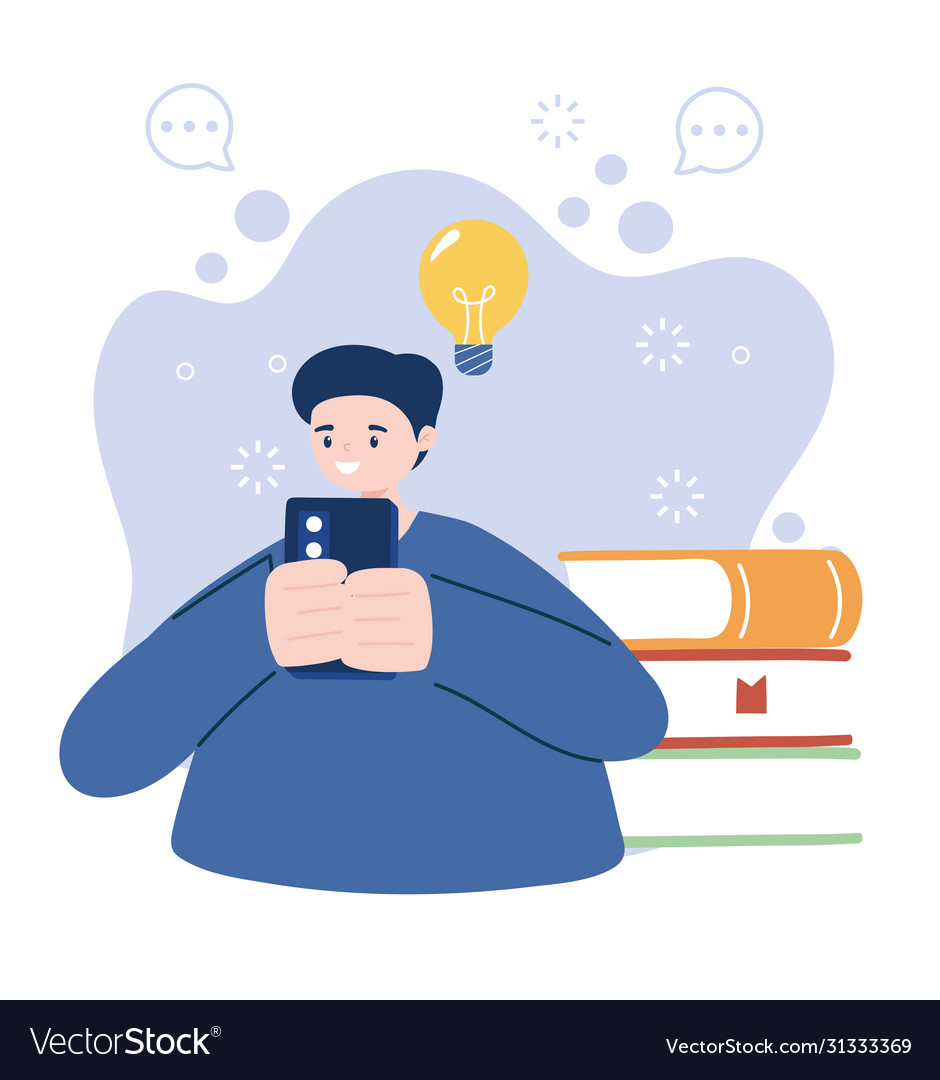 Man with smartphone and books design