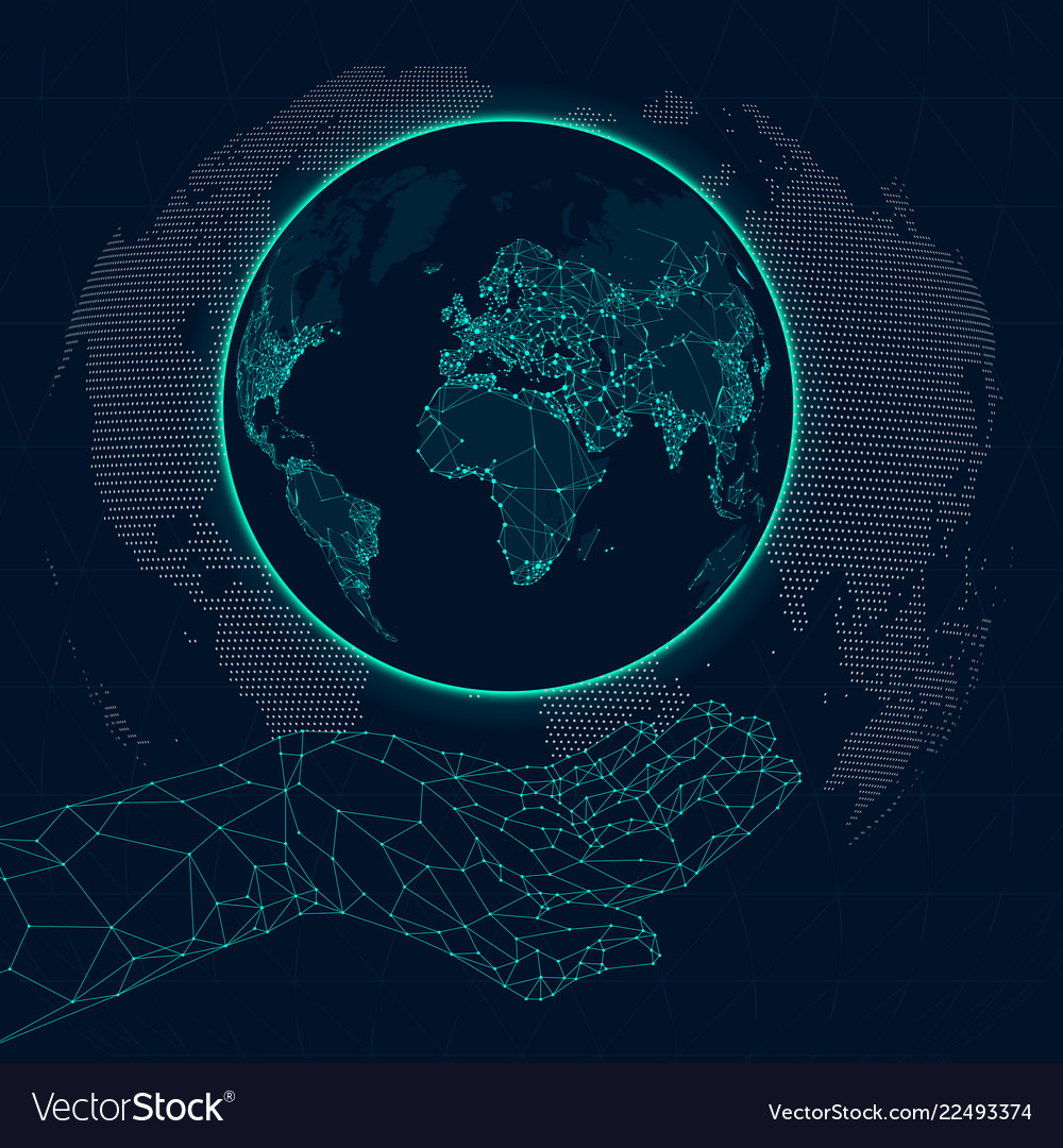 Map of internet communications at low poly hands