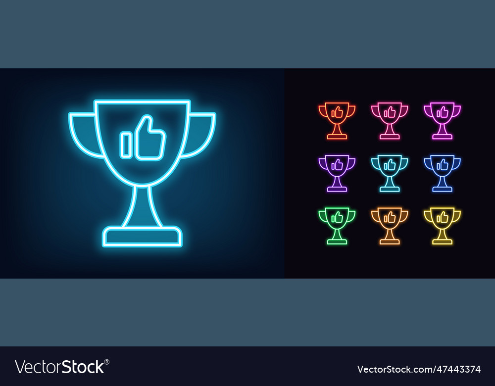 Outline neon winner cup icon set glowing