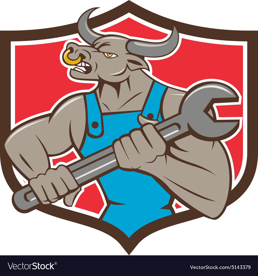 Mechanic minotaur bull spanner shield cartoon Vector Image