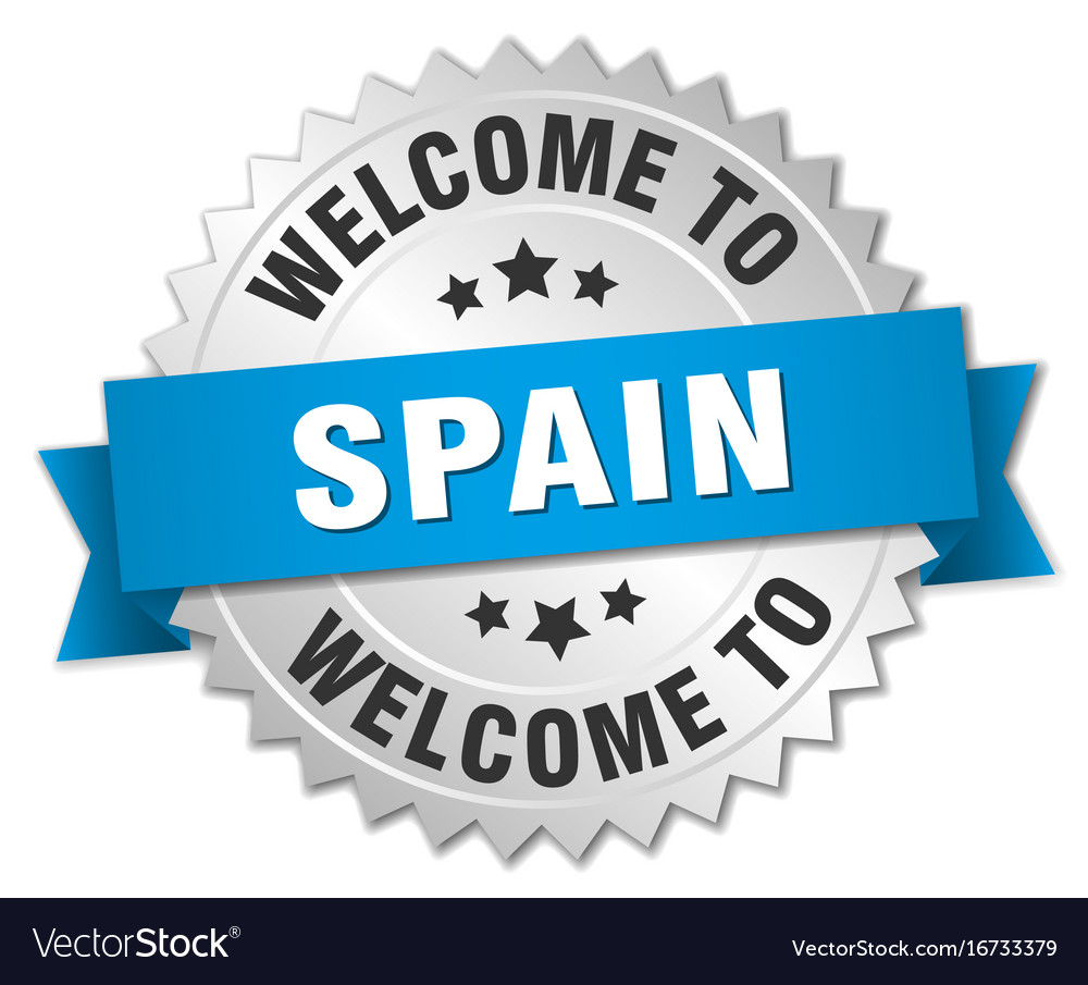 Spain 3d silver badge with blue ribbon Royalty Free Vector