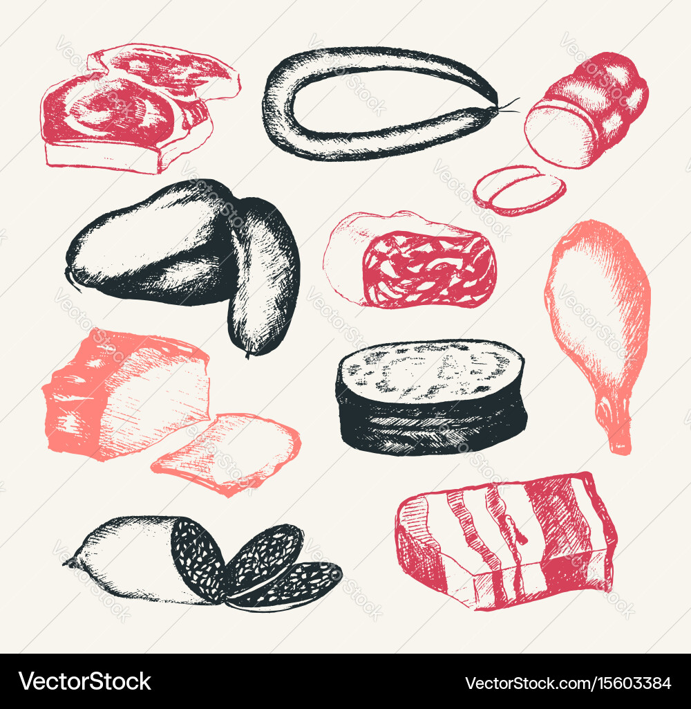Processed meat - hand drawn composite Royalty Free Vector
