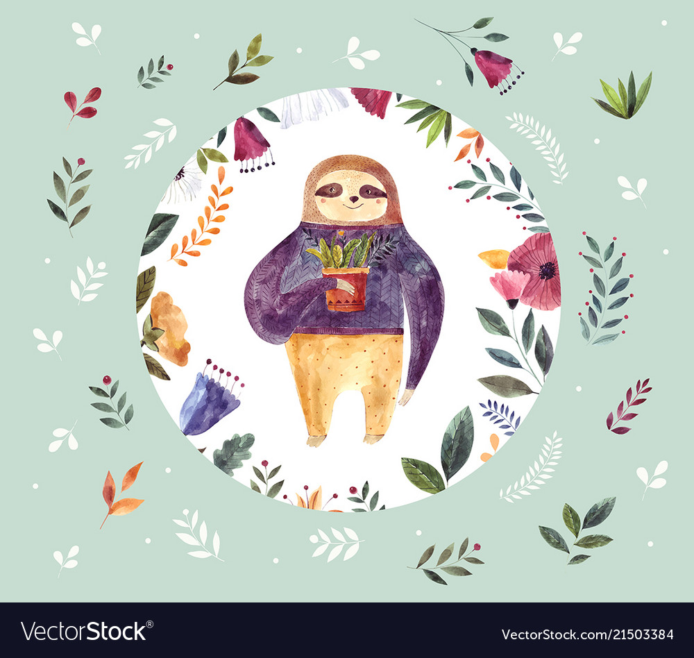 Watercolor with cute sloth vector image Watercolor with cute sloth