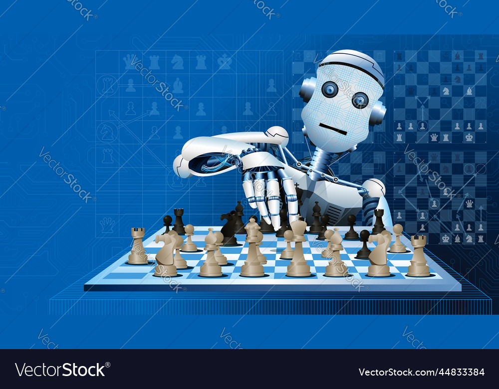 White human-shaped robot playing a game of chess Vector Image