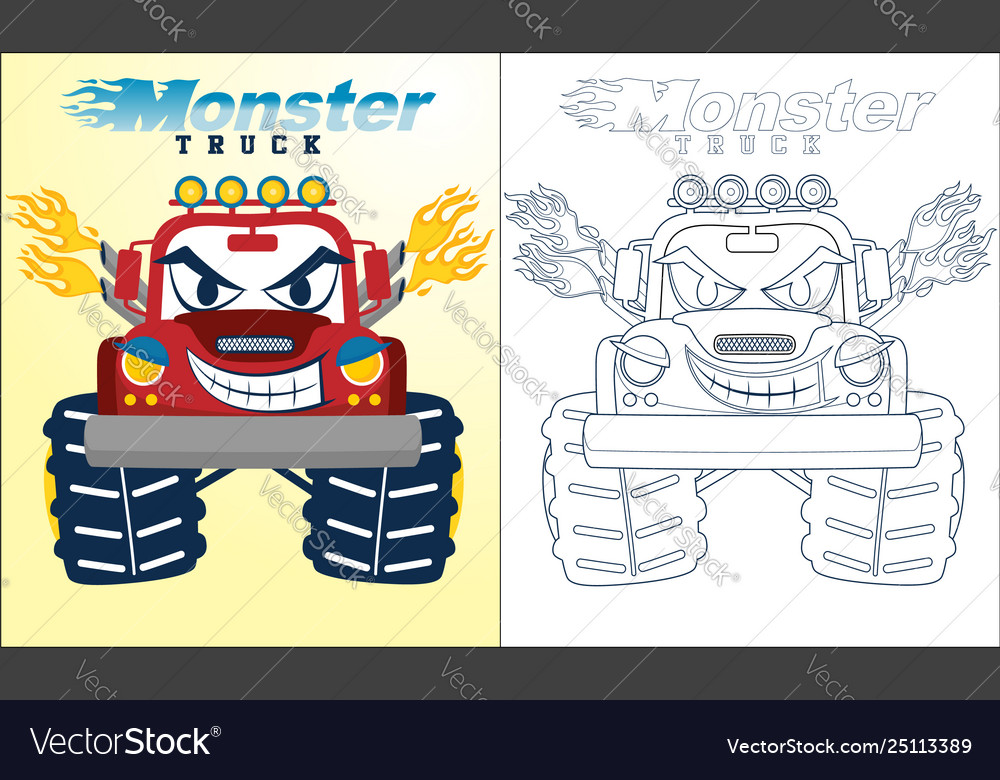 vector cartoon of monster truck, coloring book or page 19593498 Vector Art  at Vecteezy