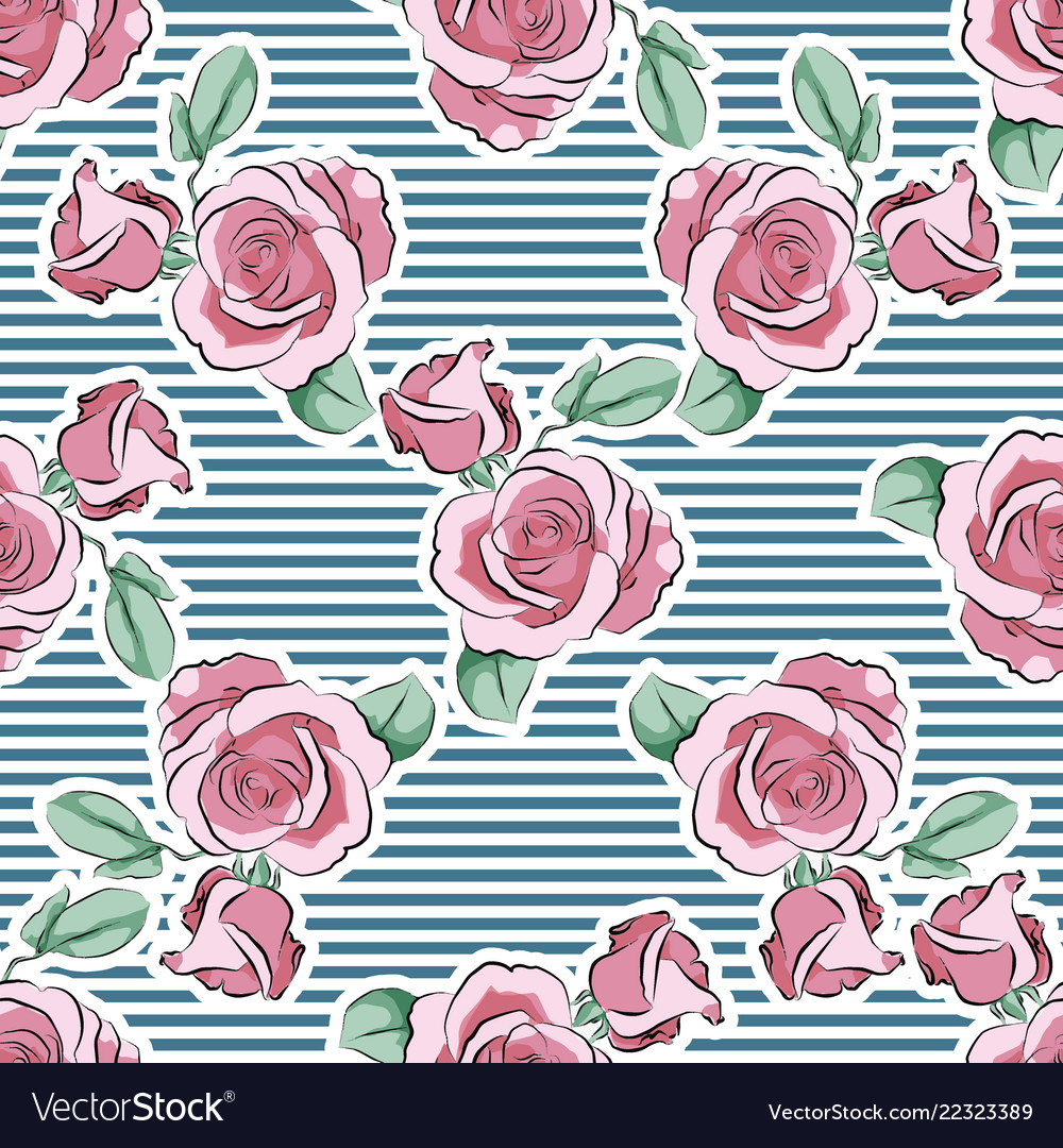 Rose pink flower hand drawn strips pattern Vector Image