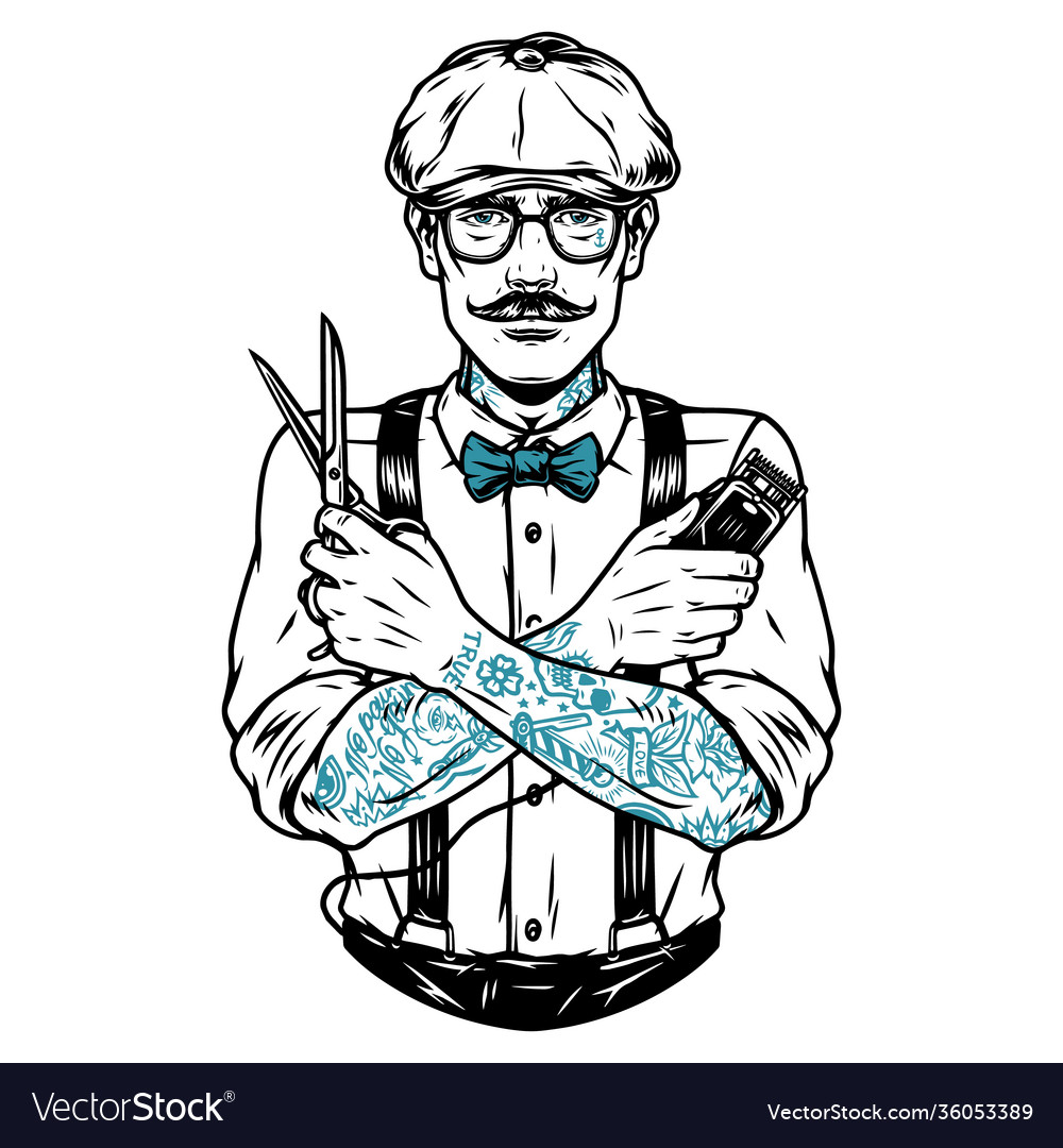 Tattooed Barber In Irish Cap And Glasses Vector Image