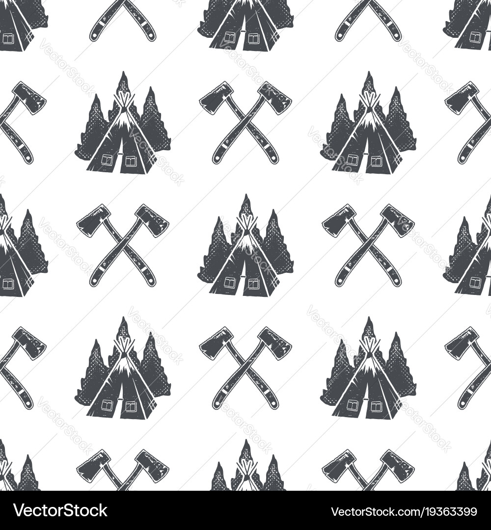 Camping pattern with backpack trees and pine cone Vector Image