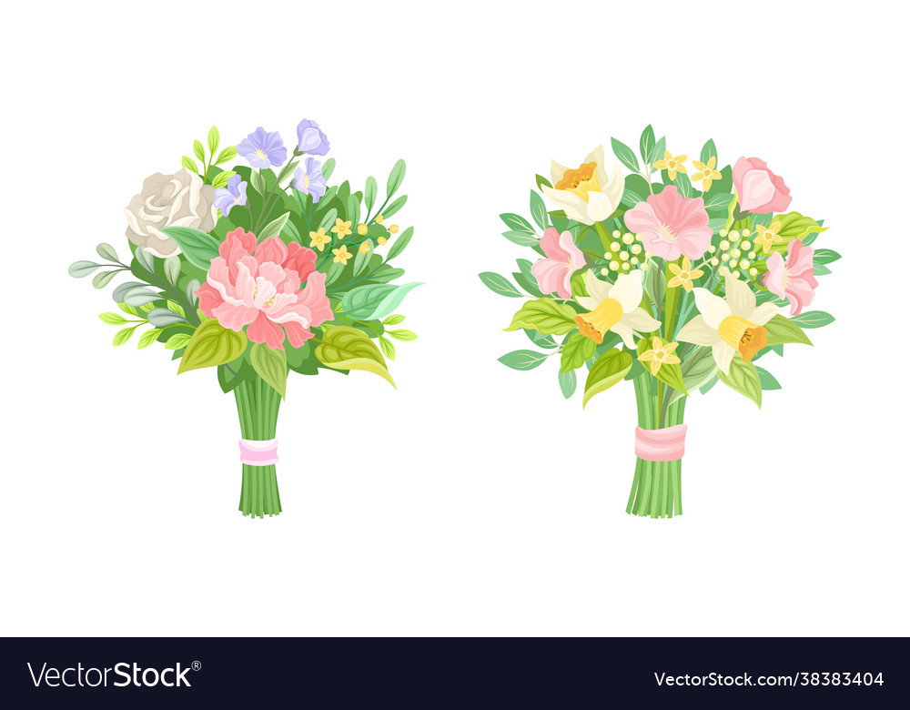 Bunch lush flowers with green leafy branches