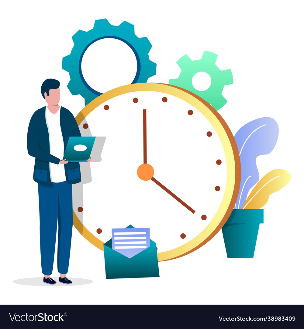 Businessman employee standing next to clock Vector Image