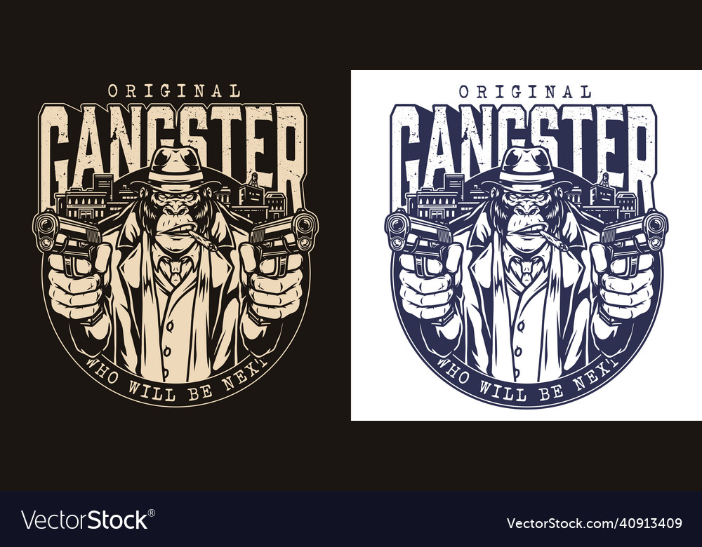 Gorilla gangster with guns emblem Royalty Free Vector Image