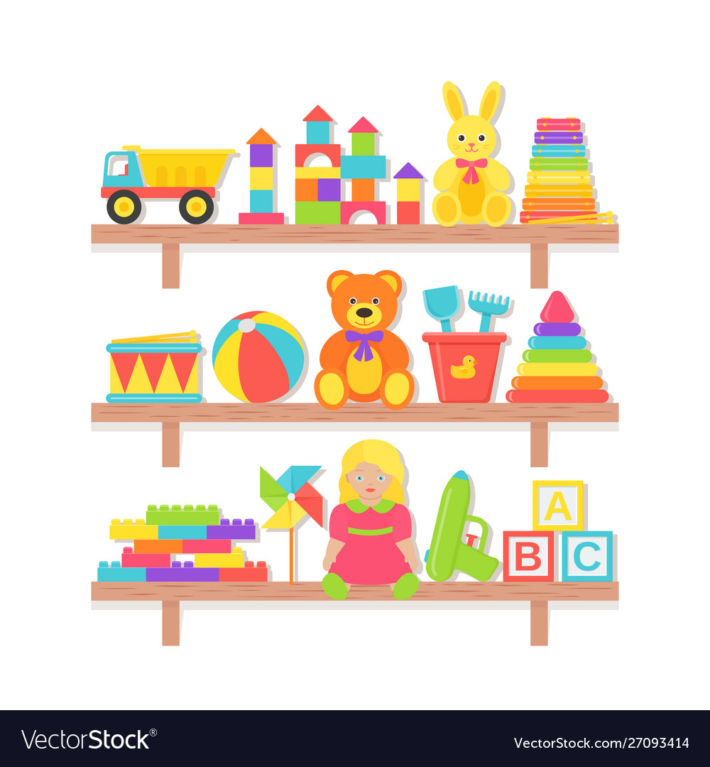 Baby toys on shelf in flat design cartoon set