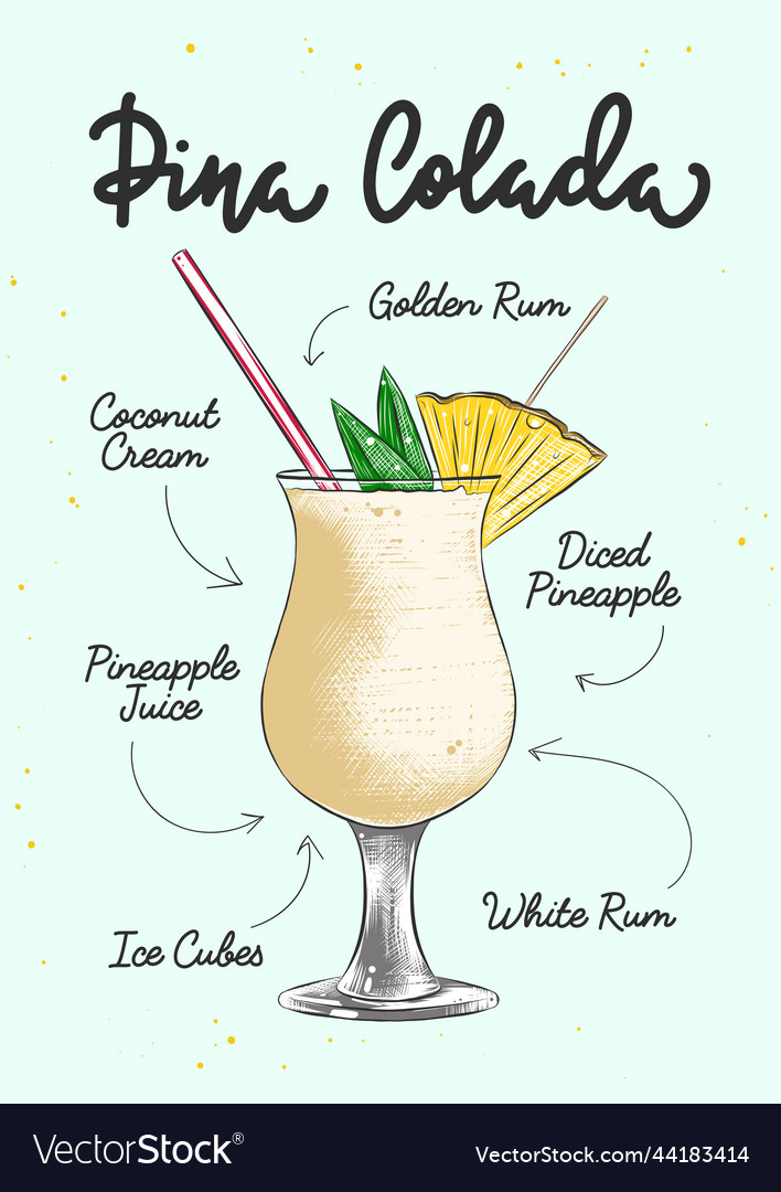 Engraved style pina colada alcohol cocktail