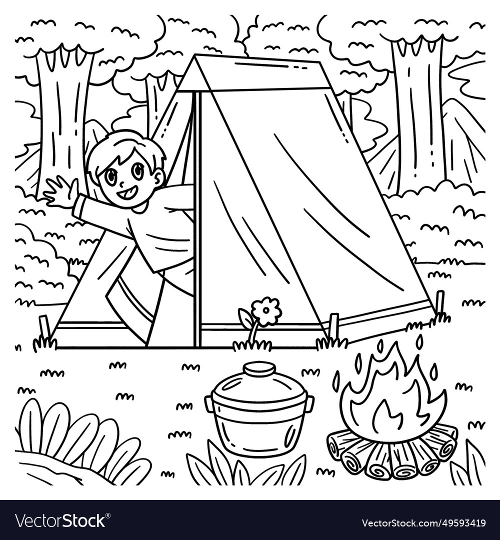 Camping camper waving from inside tent coloring Vector Image