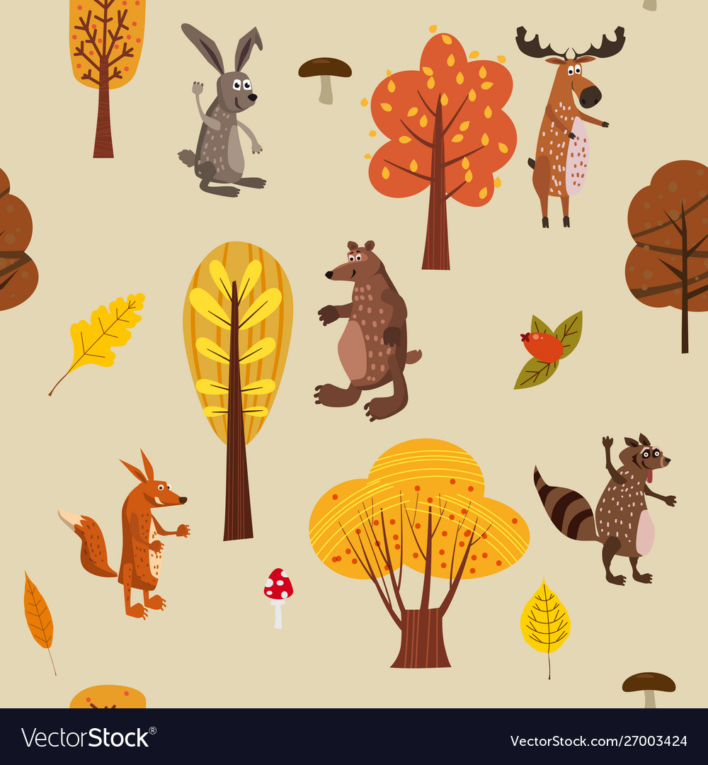 Autumn forest cute animals seamless pattern