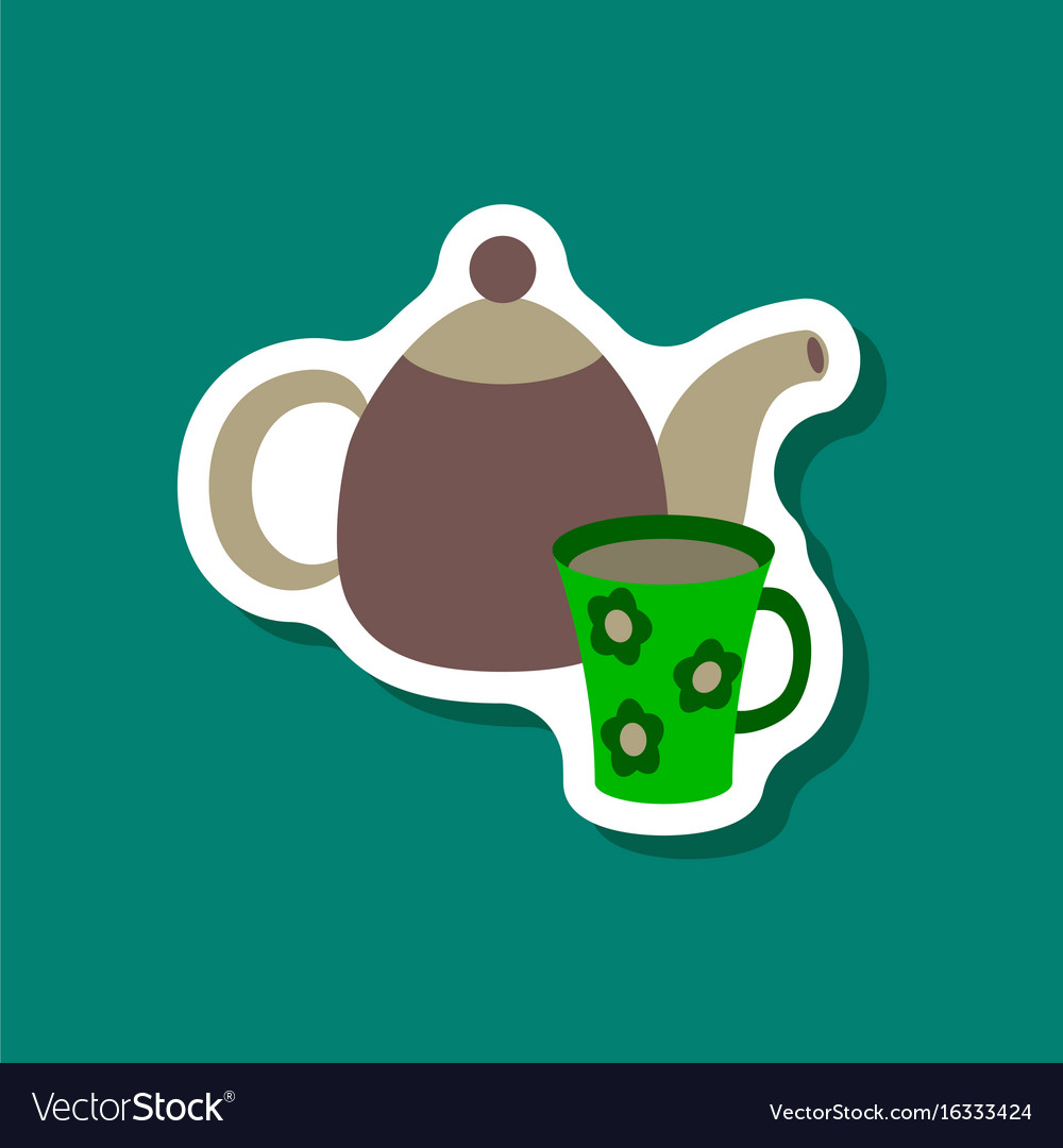 Paper sticker tea kettle and cup Royalty Free Vector Image