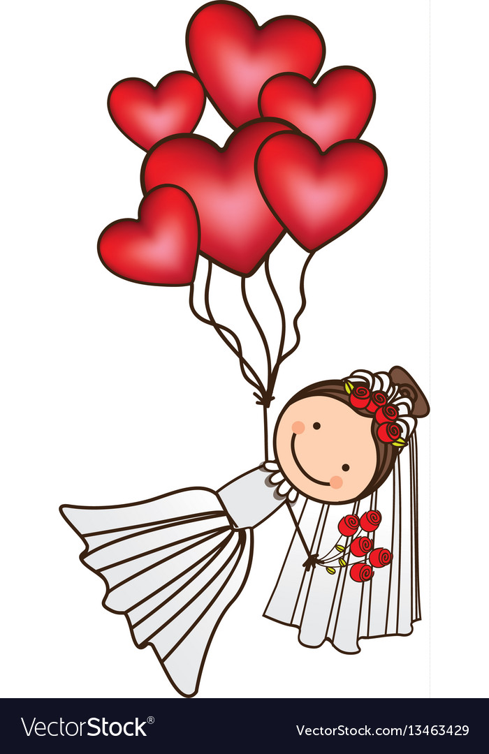 Bride with red heart balloons in the hands