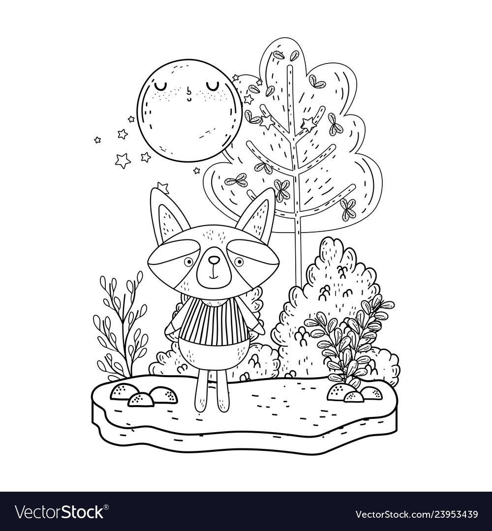 Little raccoon with moon kawaii in the landscape