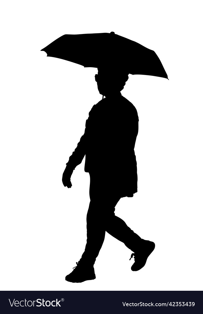 Woman walking on rain under umbrella silhouette