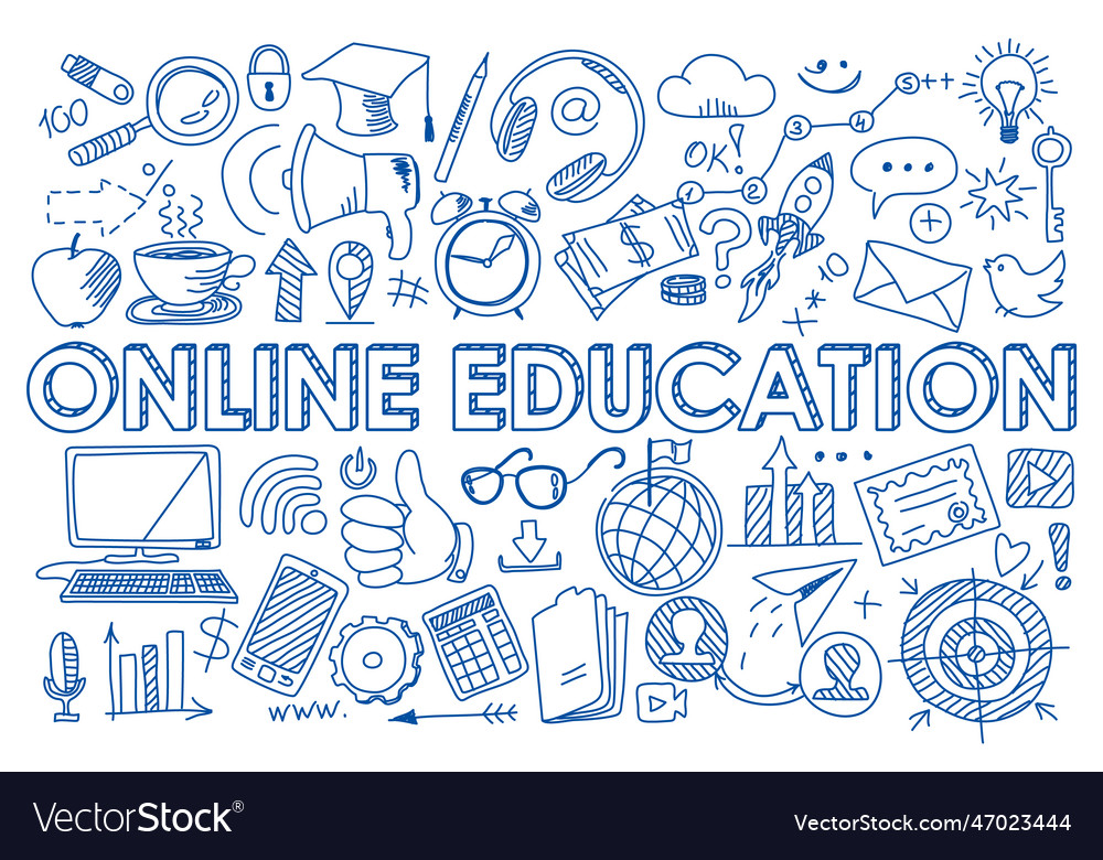 Set of online education icons in doodle style