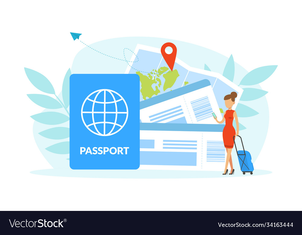 Tiny woman tourist character going on vacation Vector Image