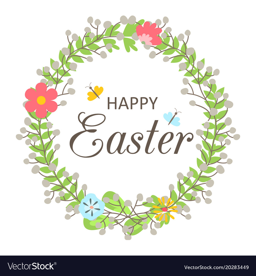 Easter wreath with flowers butterflies leaves Vector Image