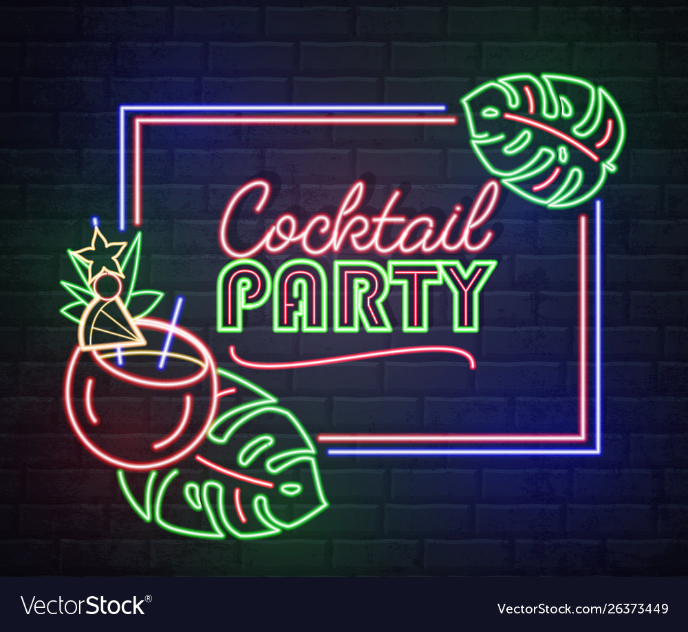 Neon sign cocktail party with tropic leaves Vector Image