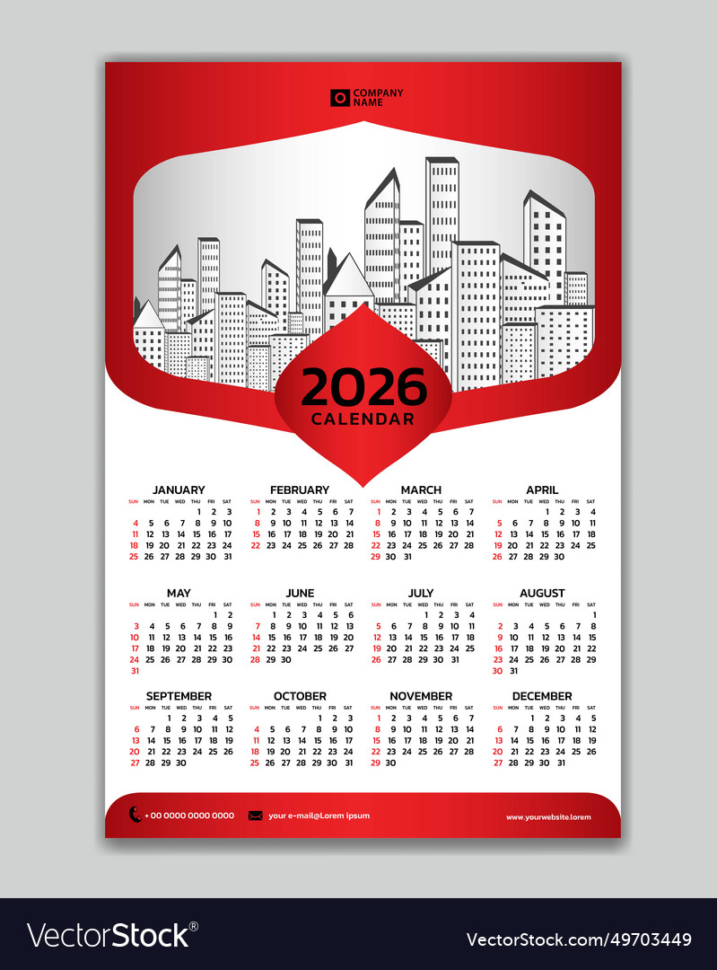 Wall calendar 2026 year red template Royalty Free Vector
