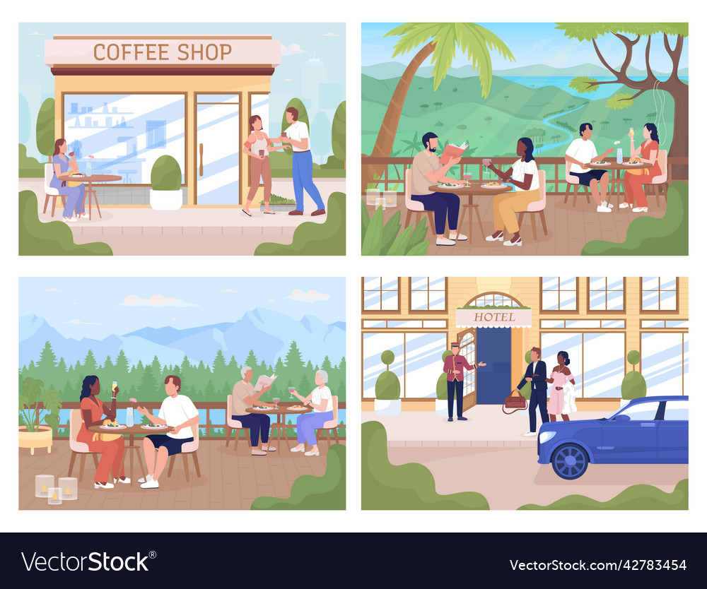 People spending time in public places flat color