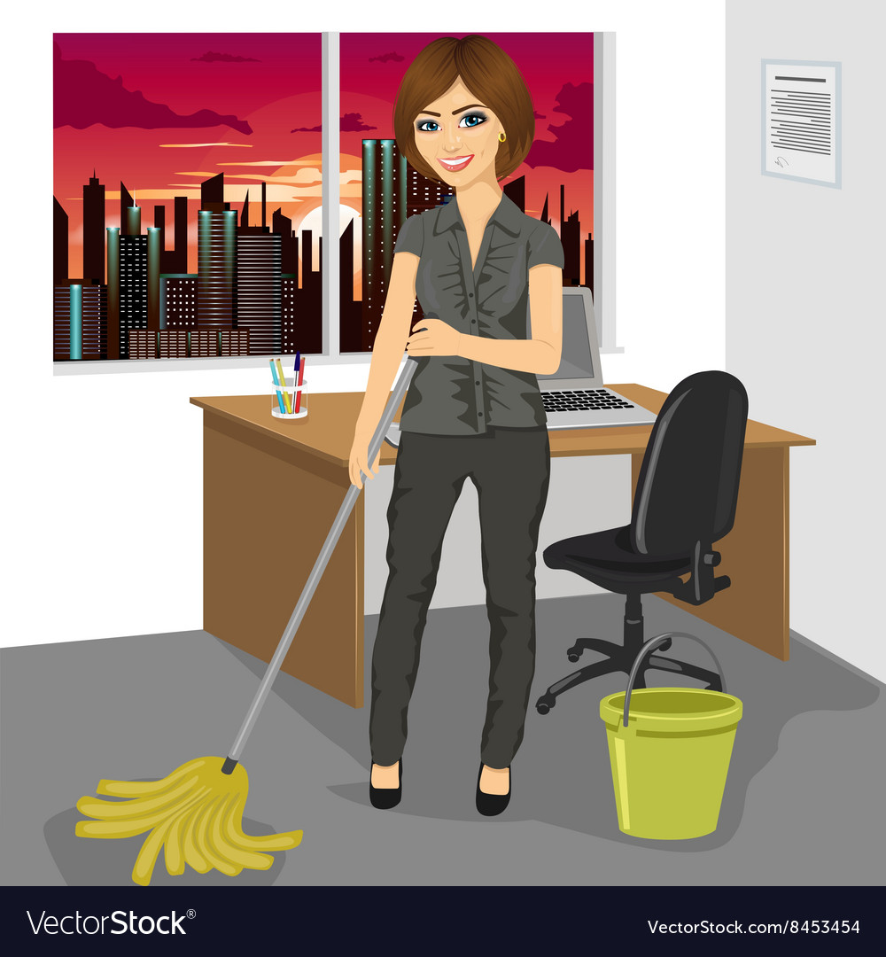 Woman mopping floor in office Royalty Free Vector Image