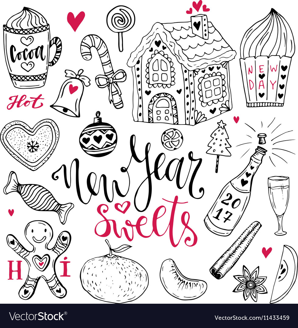 New year sweets set christmas hand drawn