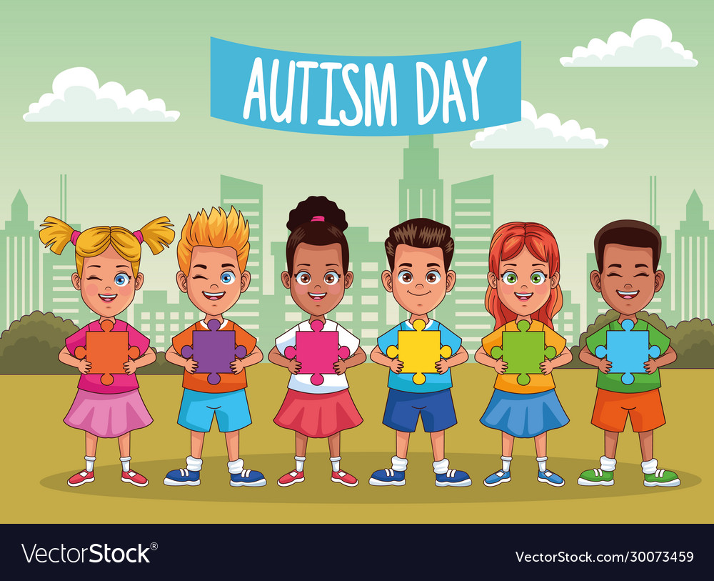 World autism day with kids in field Royalty Free Vector