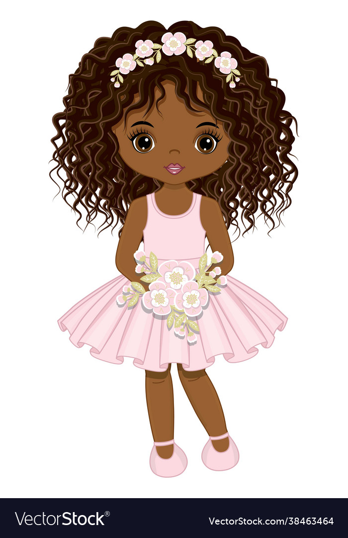 Black girl in pastel pink dress holding flowers Vector Image