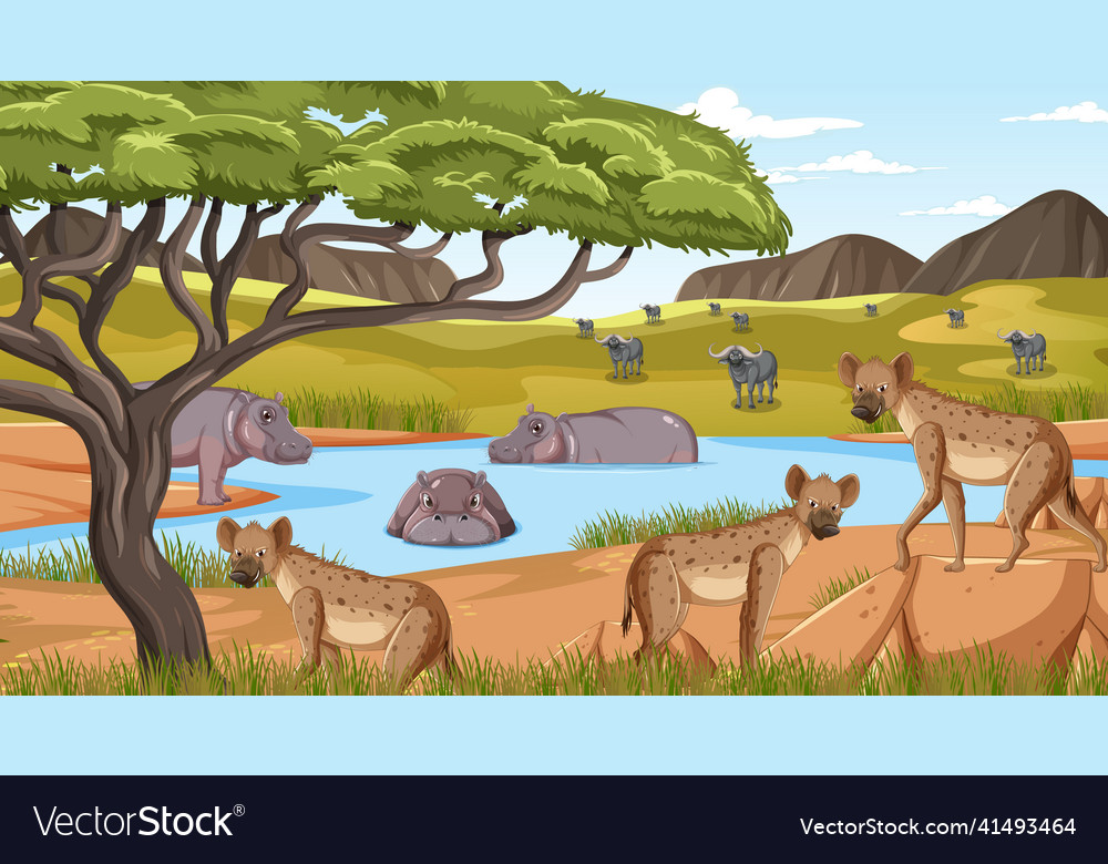 Wild animals in savanna forest landscape