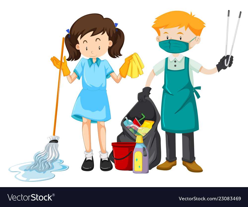 Cleaning staff character with equipment