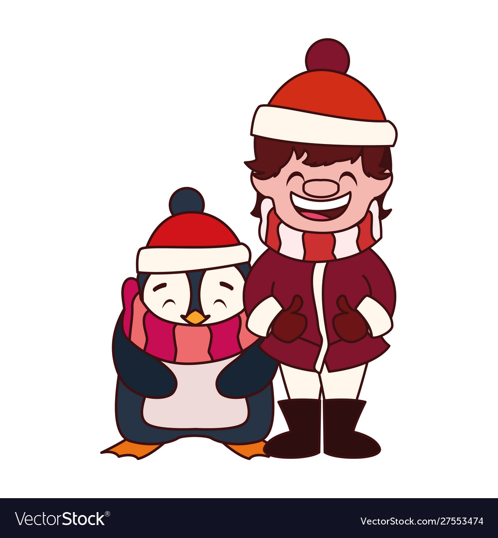 Boy and penguin with hat scarf in white