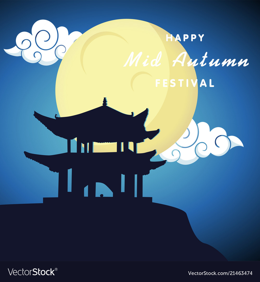 Happy mid autumn festival pagoda moon background v