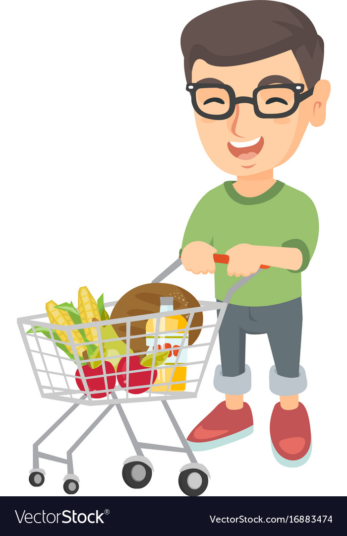 Little caucasian with his shopping trolley Vector Image