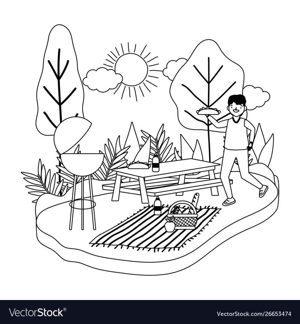 Man cartoon having picnic design