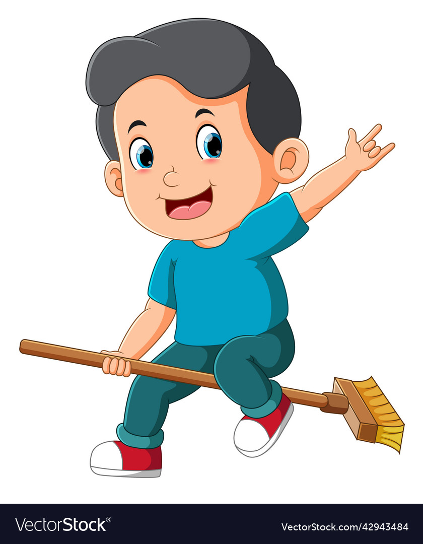 Boy is riding the broom and playing Royalty Free Vector