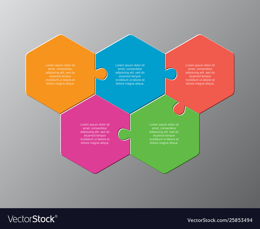 Five pieces puzzle jigsaw hexagonal info graphic