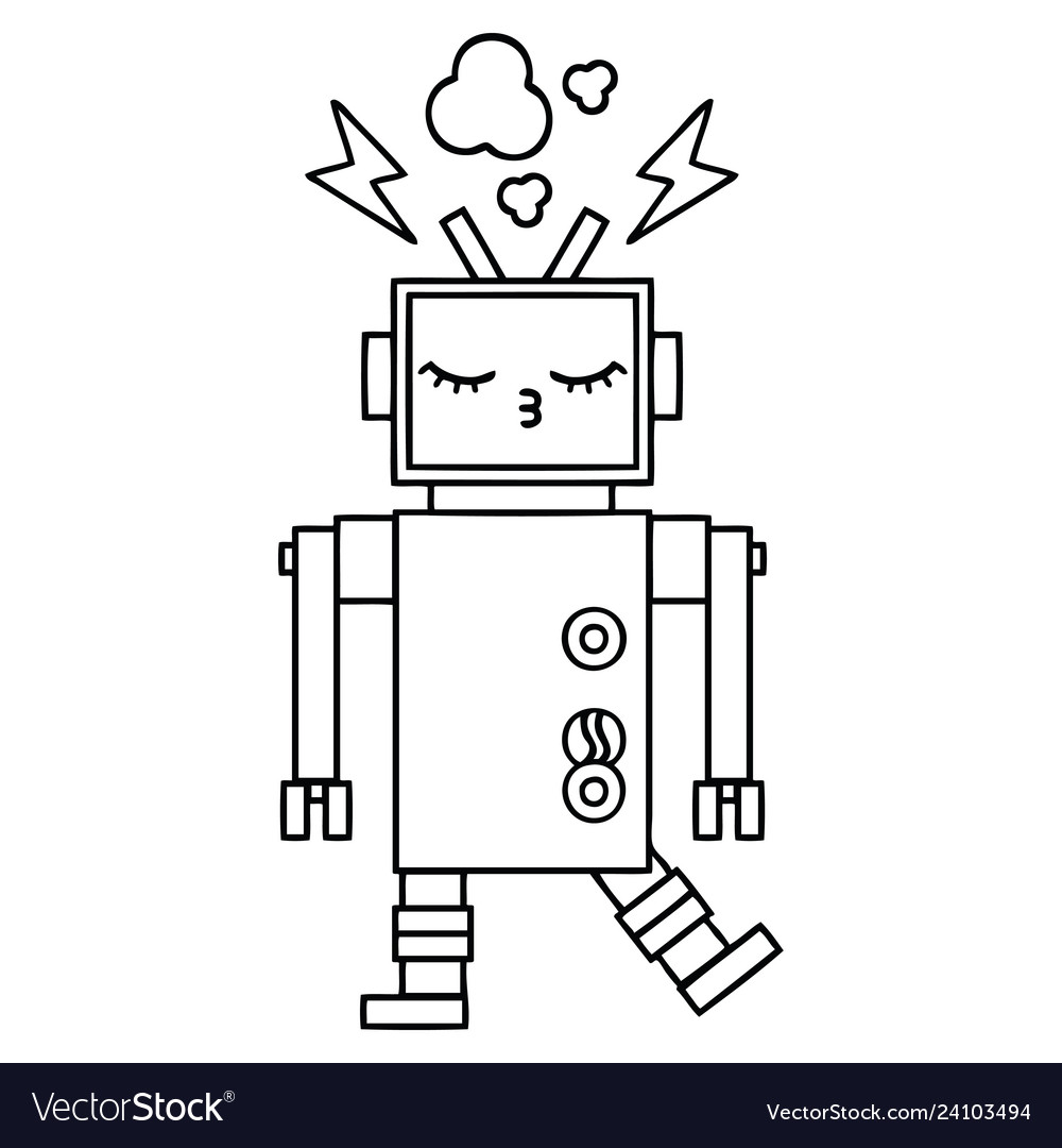 Line drawing cartoon malfunctioning robot