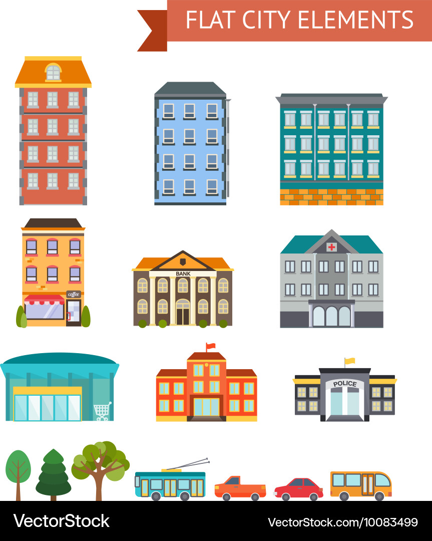 Flat city elements Royalty Free Vector Image - VectorStock
